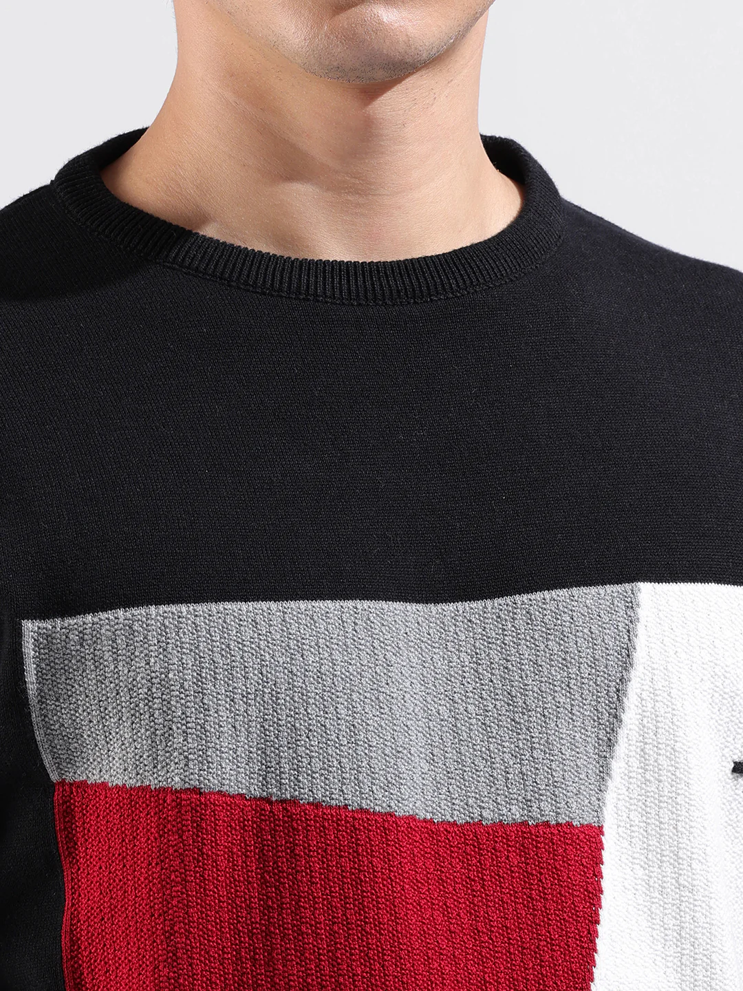 Men's Black Slim Fit Striped Flat Knit Crew Neck T-Shirt - Image 3