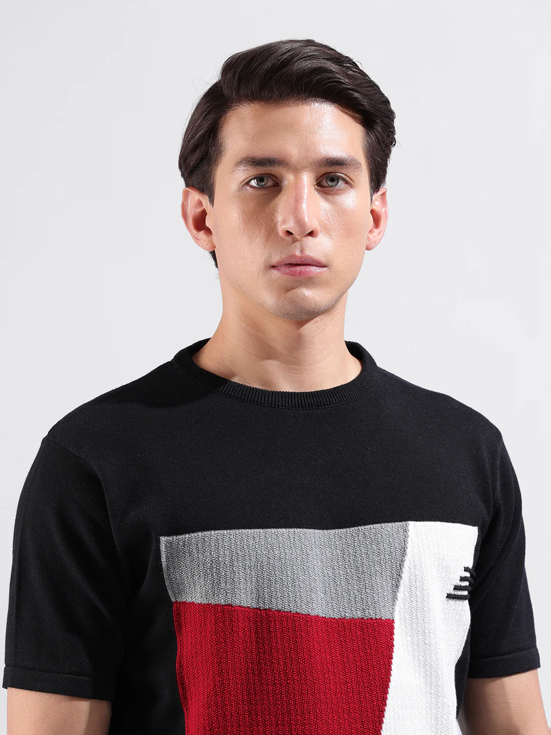 Men's Black Slim Fit Striped Flat Knit Crew Neck T-Shirt - Image 4