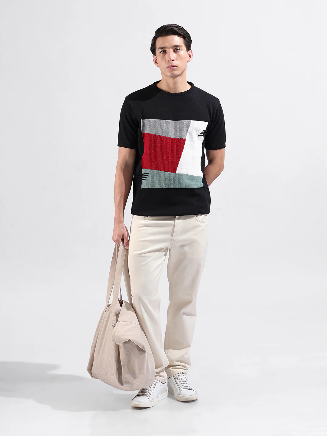 Men's Black Slim Fit Striped Flat Knit Crew Neck T-Shirt - Image 5