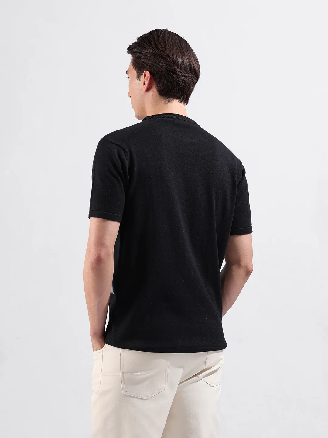Men's Black Slim Fit Striped Flat Knit Crew Neck T-Shirt - Image 6