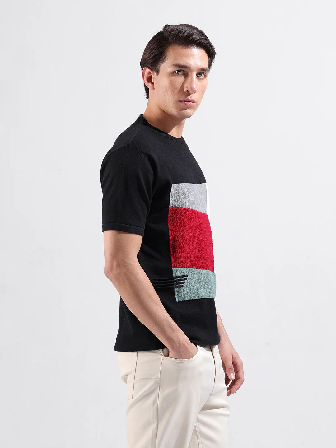 Men's Black Slim Fit Striped Flat Knit Crew Neck T-Shirt - Image 7