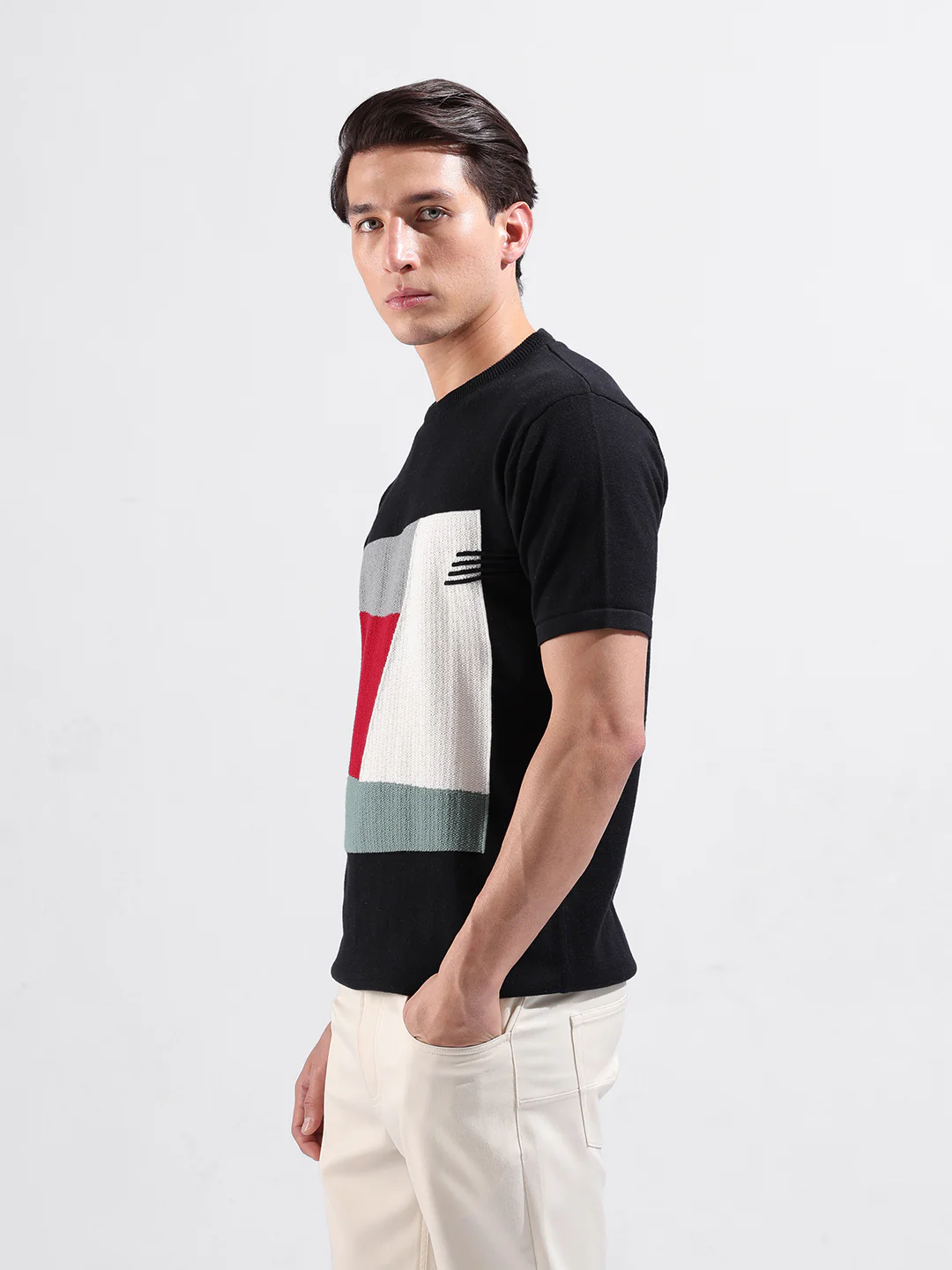 Men's Black Slim Fit Striped Flat Knit Crew Neck T-Shirt - Image 8