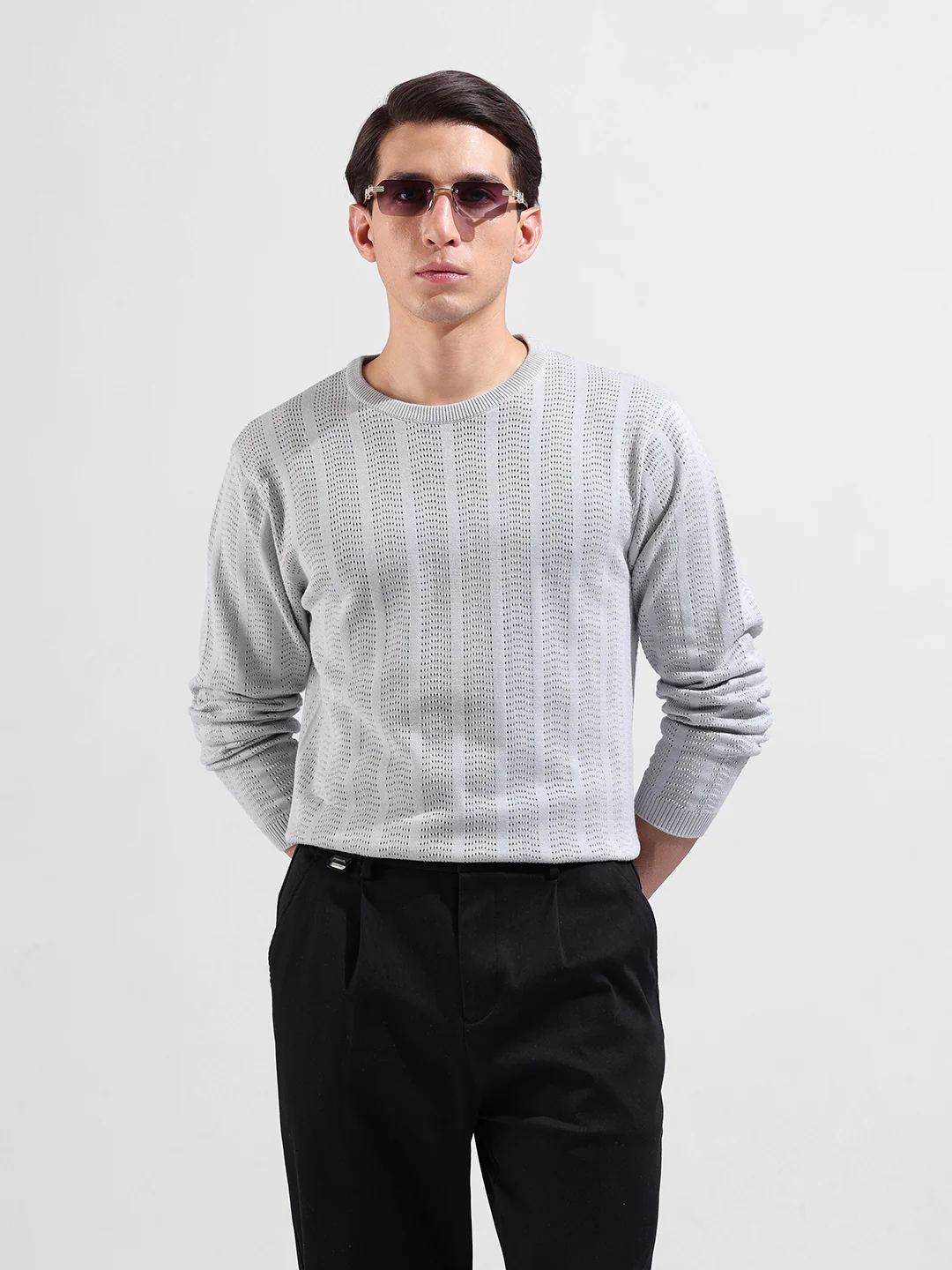 Men's Grey Slim Fit Solid Flat Knit Crew Neck T-Shirt - Image 2