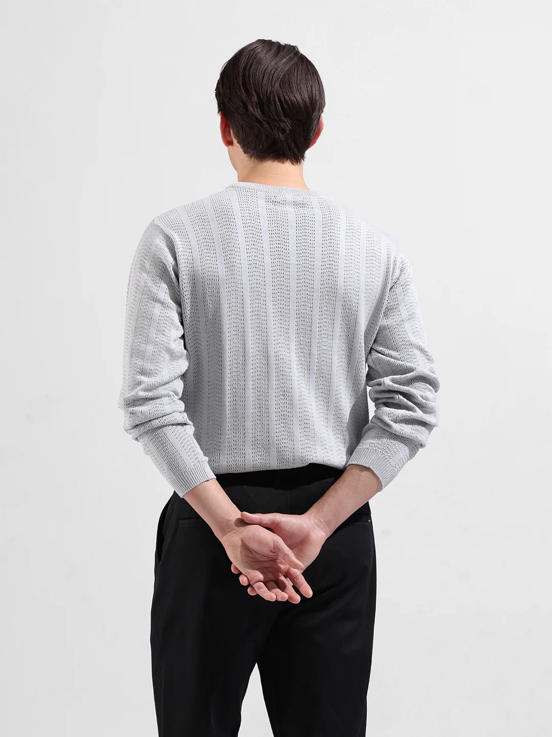Men's Grey Slim Fit Solid Flat Knit Crew Neck T-Shirt - Image 4