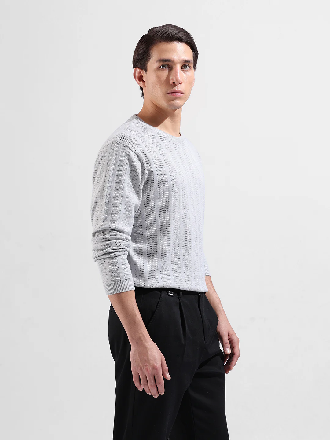 Men's Grey Slim Fit Solid Flat Knit Crew Neck T-Shirt - Image 5