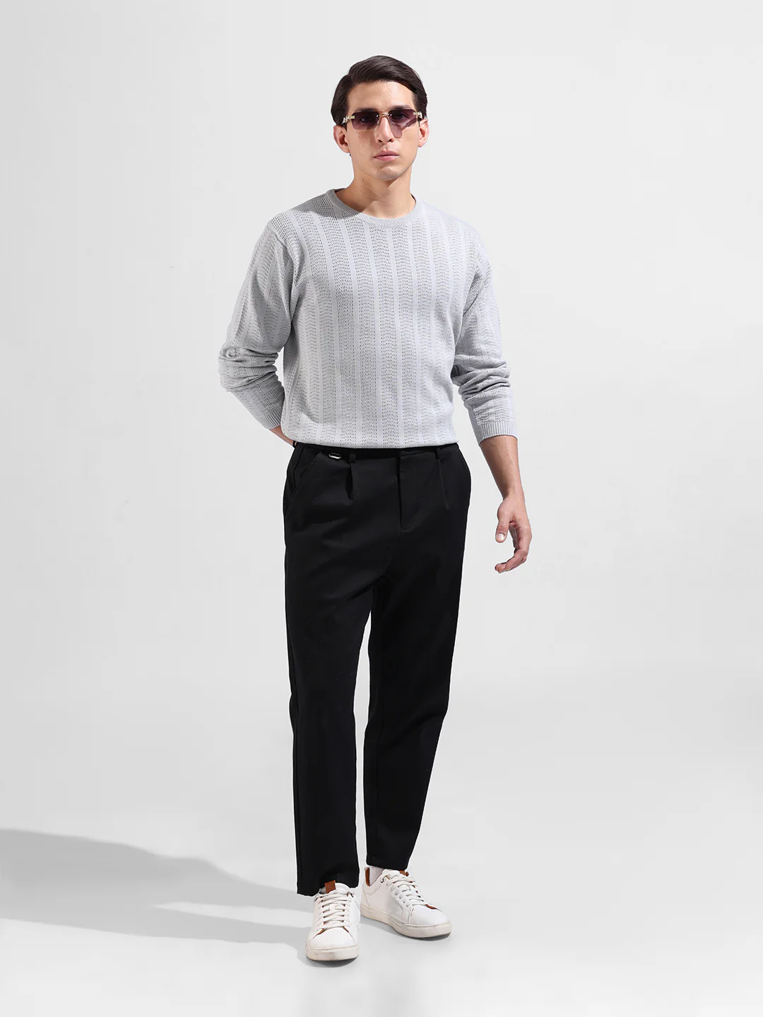 Men's Grey Slim Fit Solid Flat Knit Crew Neck T-Shirt - Image 6