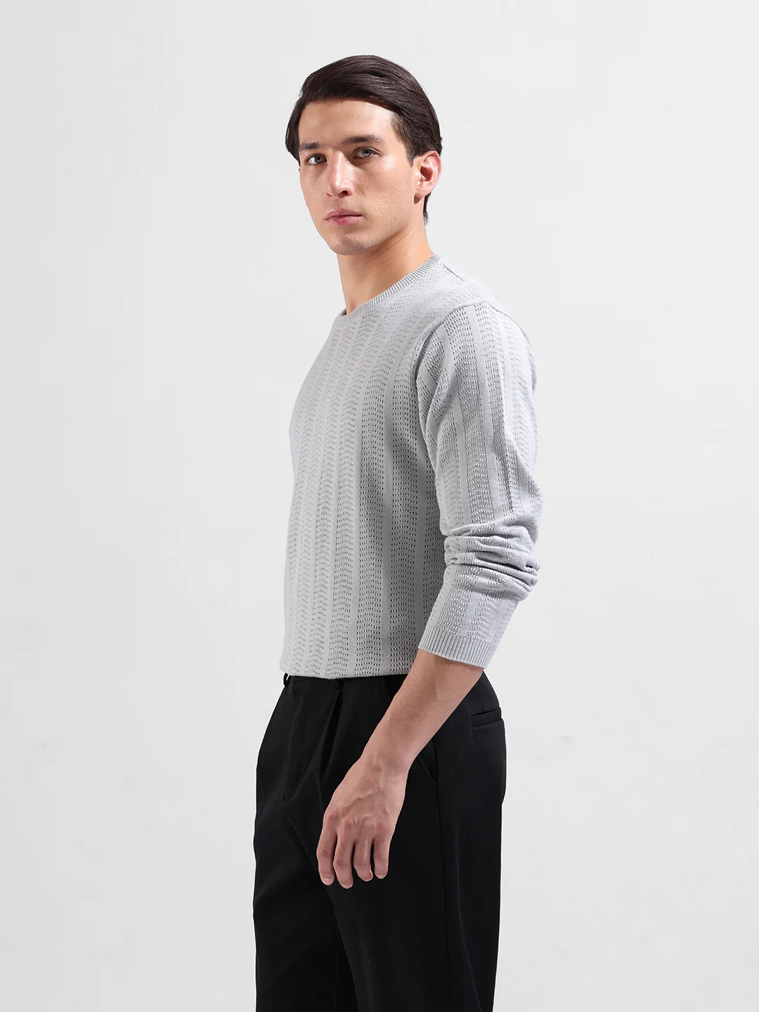 Men's Grey Slim Fit Solid Flat Knit Crew Neck T-Shirt - Image 7