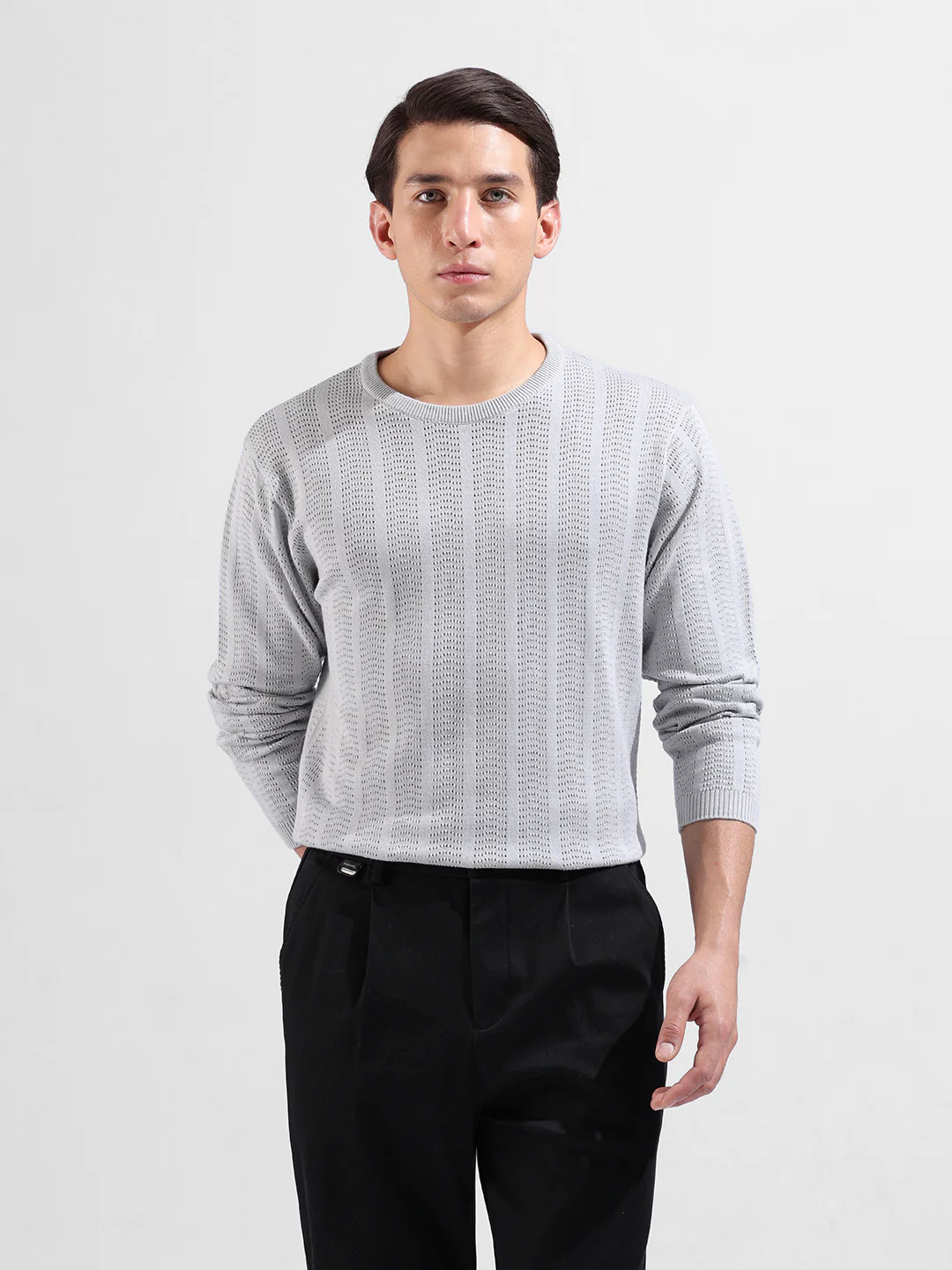 Men's Grey Slim Fit Solid Flat Knit Crew Neck T-Shirt - Image 9