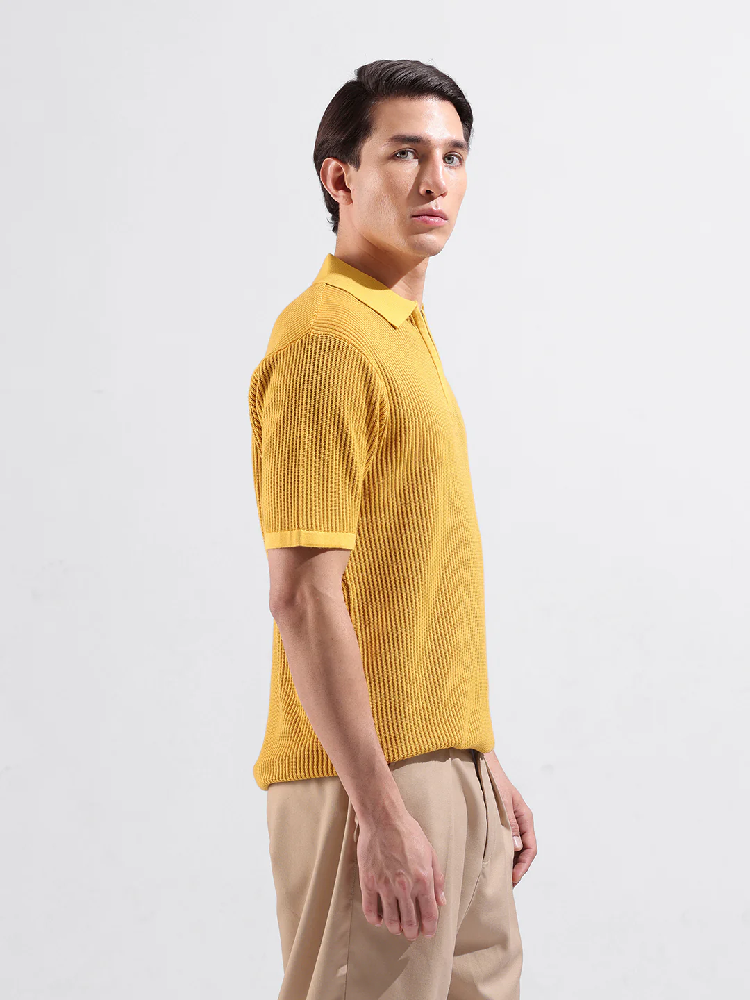 Men's Yellow Slim Fit Striped Flat Knit T-Shirt - Image 2