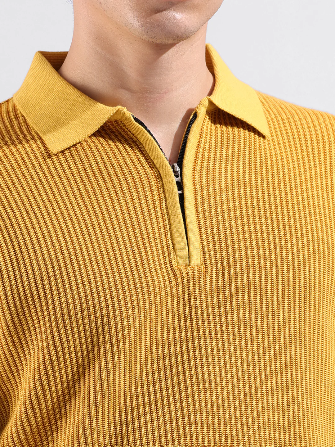 Men's Yellow Slim Fit Striped Flat Knit T-Shirt - Image 3