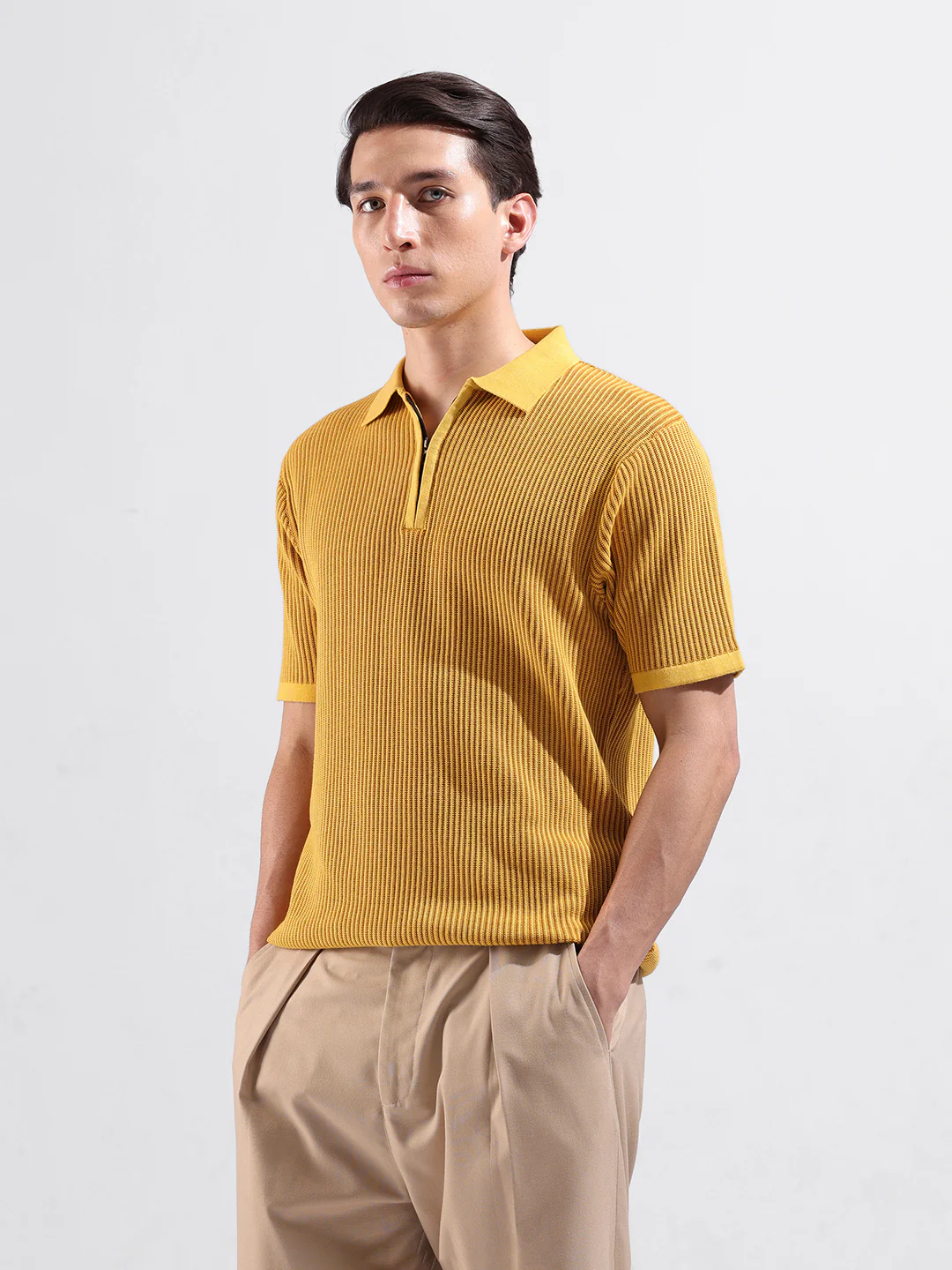 Men's Yellow Slim Fit Striped Flat Knit T-Shirt - Image 4