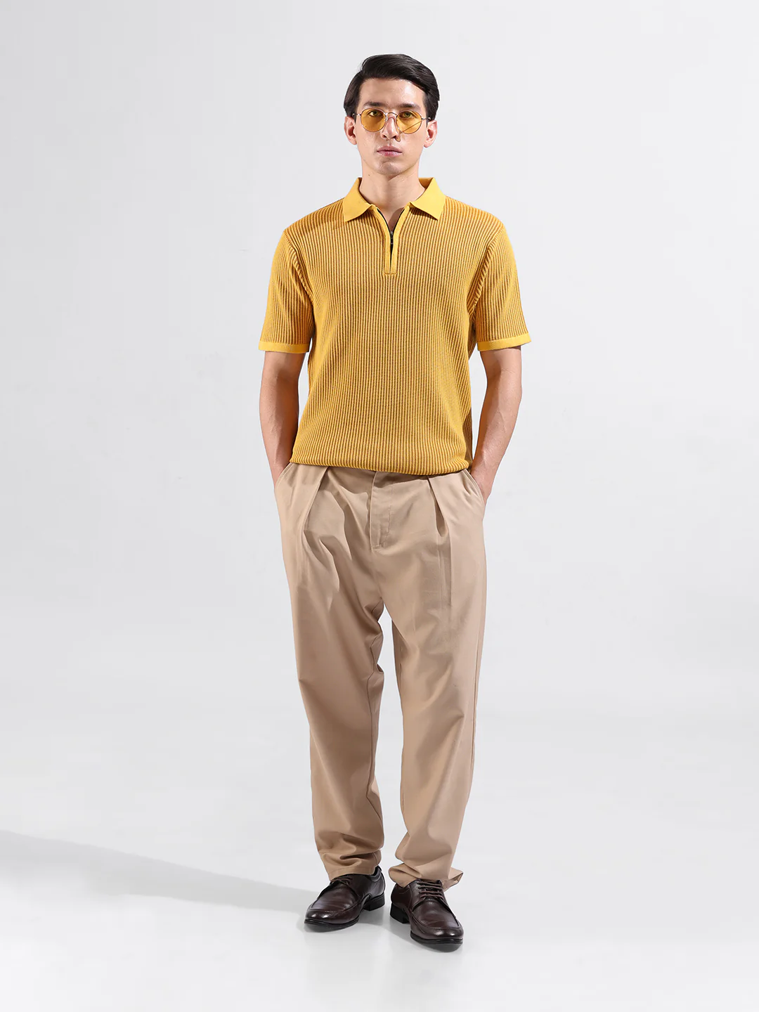 Men's Yellow Slim Fit Striped Flat Knit T-Shirt - Image 5