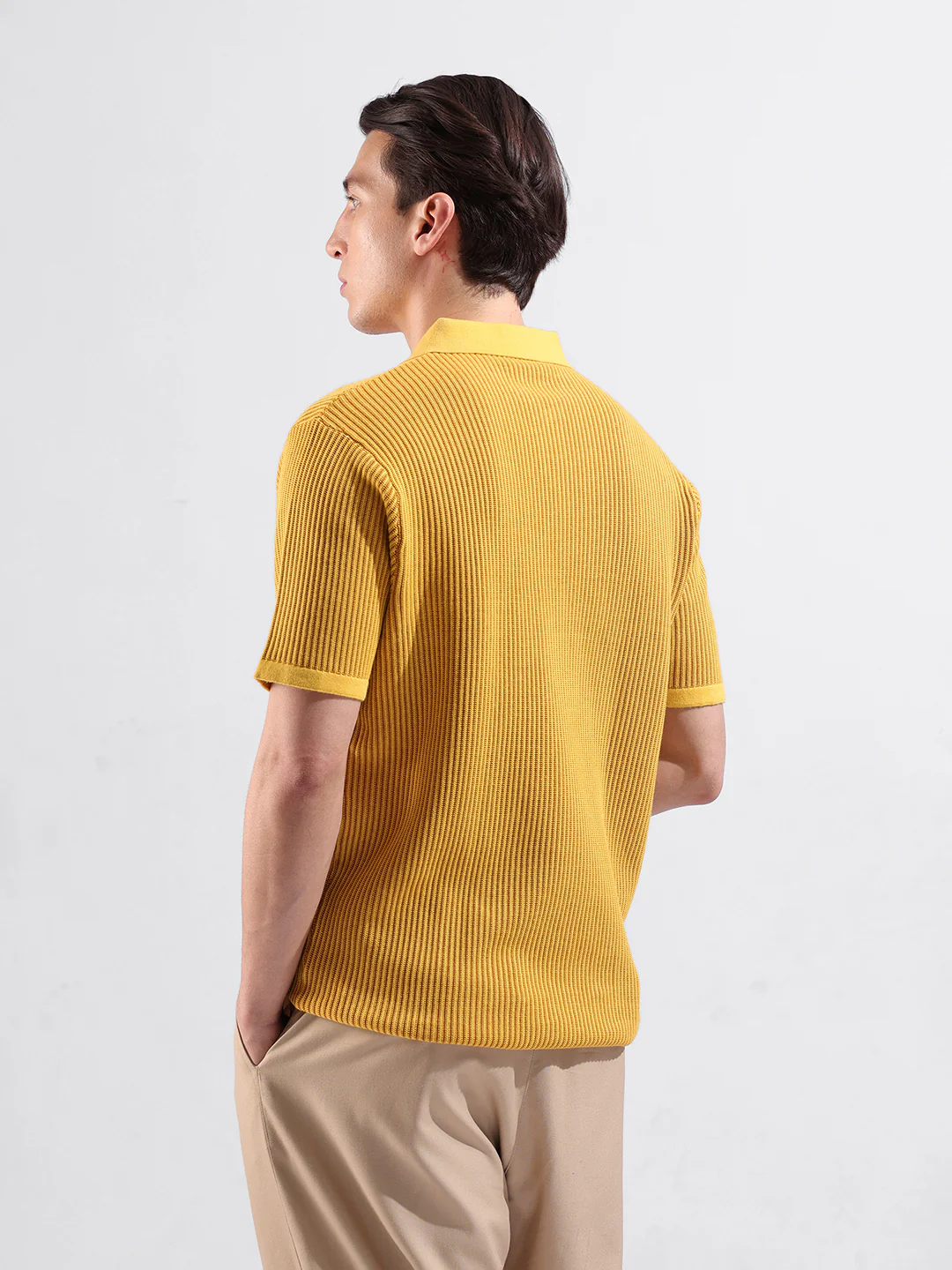 Men's Yellow Slim Fit Striped Flat Knit T-Shirt - Image 6