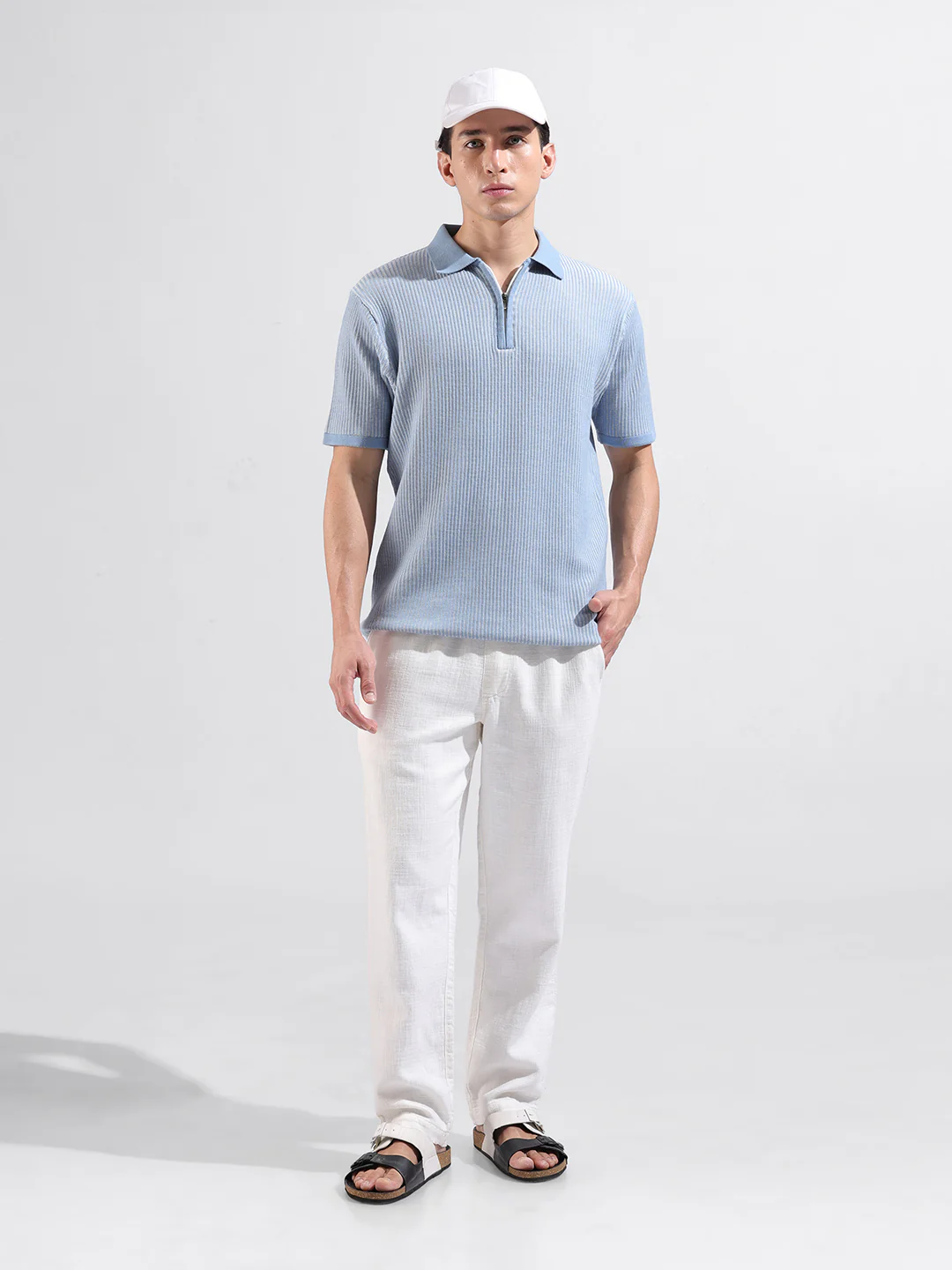 Men's Blue Slim Fit Solid Flat Knit T-Shirt - Image 6