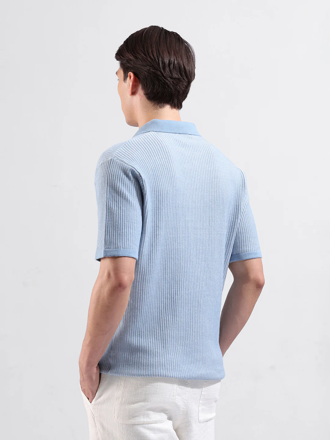 Men's Blue Slim Fit Solid Flat Knit T-Shirt - Image 7