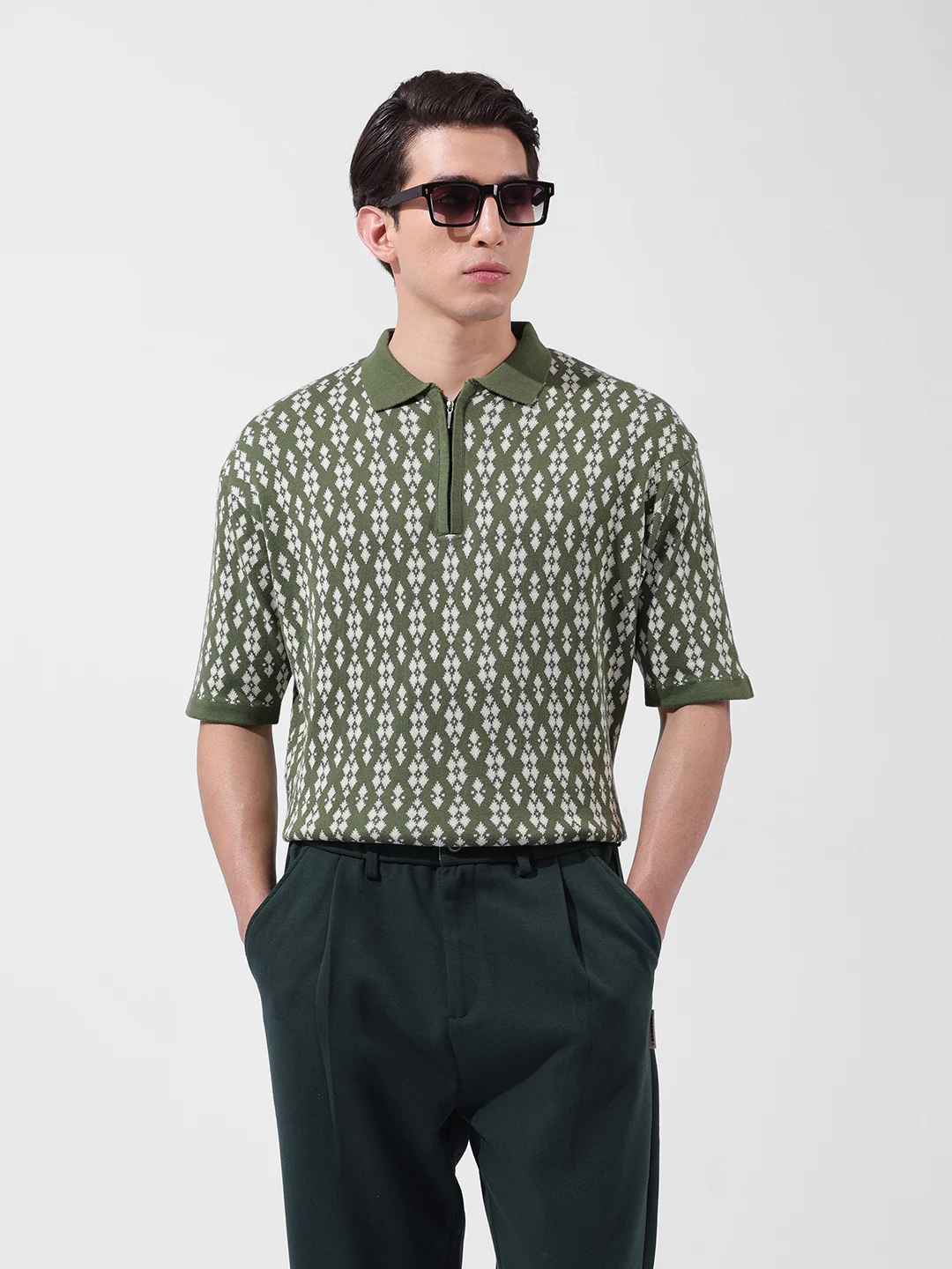 Men's Green Oversized Fit Striped Flat Knit T-Shirt - Image 2