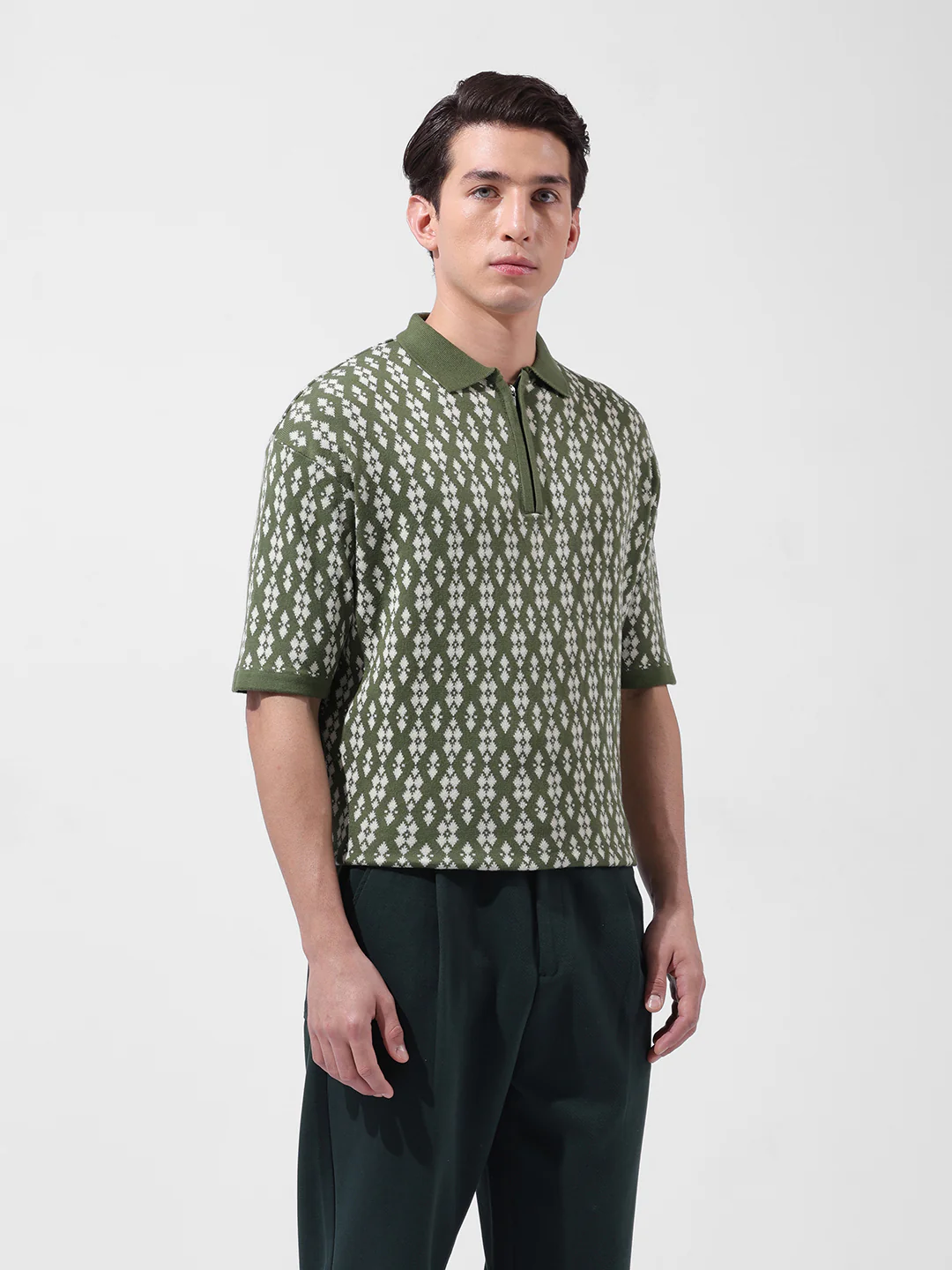 Men's Green Oversized Fit Striped Flat Knit T-Shirt - Image 3