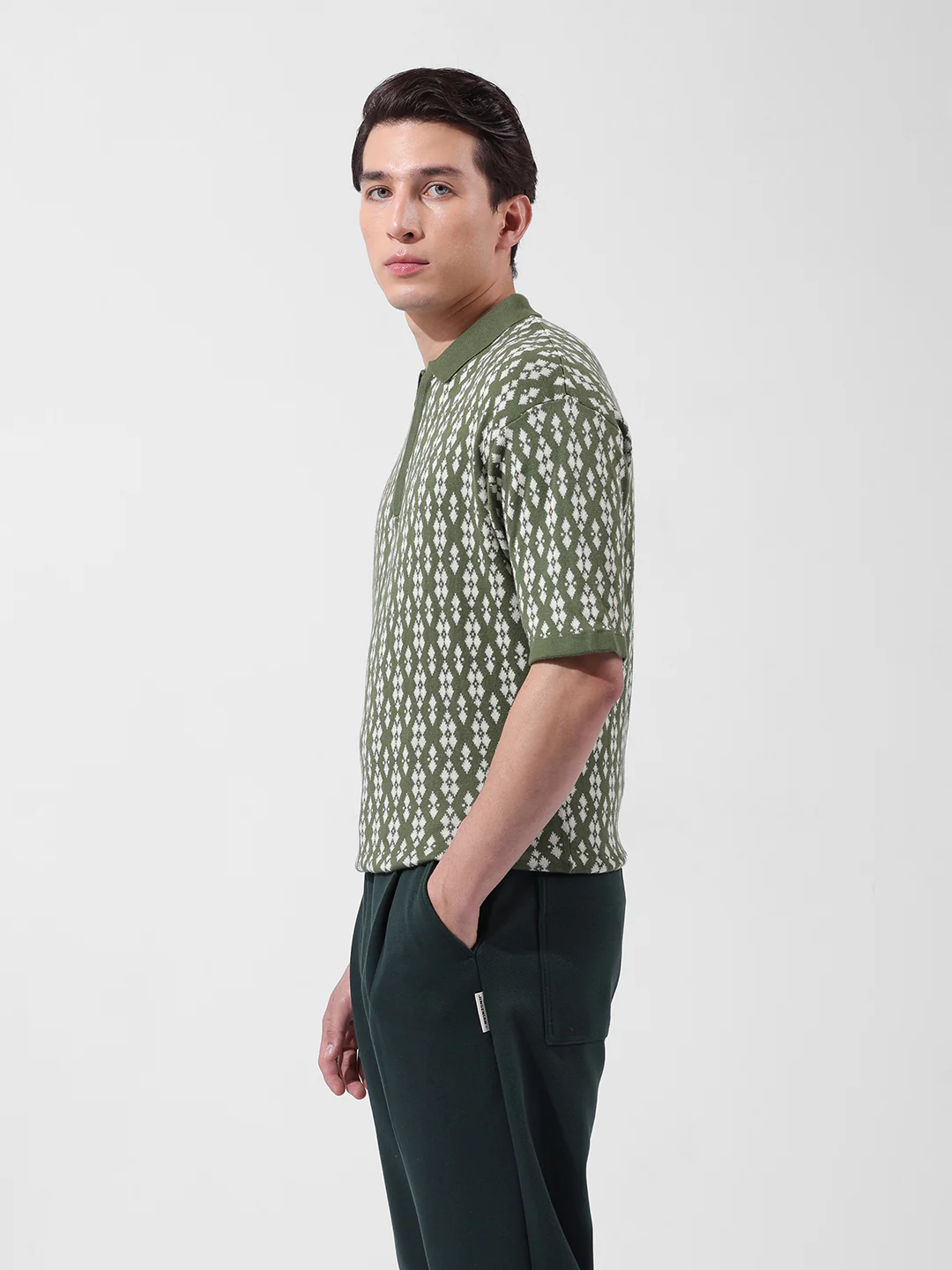 Men's Green Oversized Fit Striped Flat Knit T-Shirt - Image 4