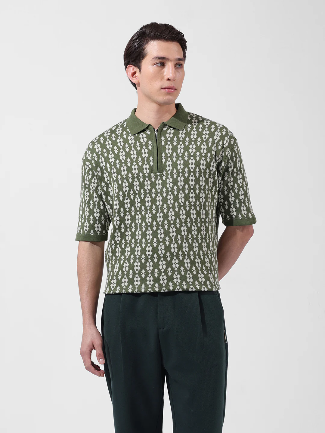 Men's Green Oversized Fit Striped Flat Knit T-Shirt - Image 7