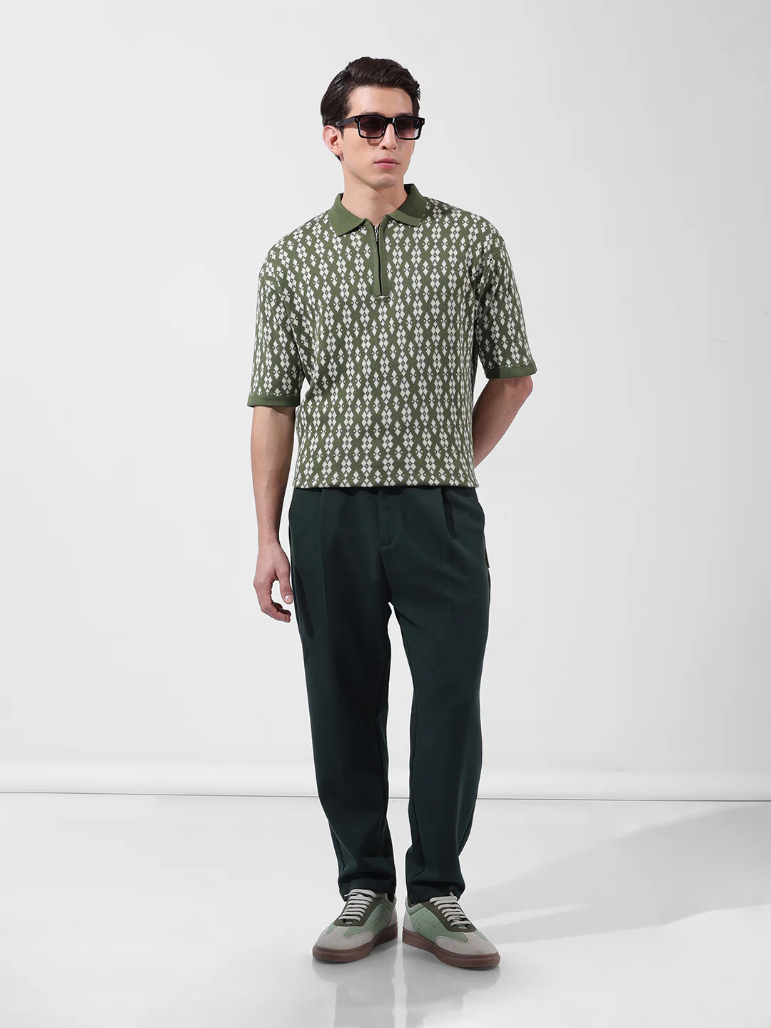 Men's Green Oversized Fit Striped Flat Knit T-Shirt - Image 8