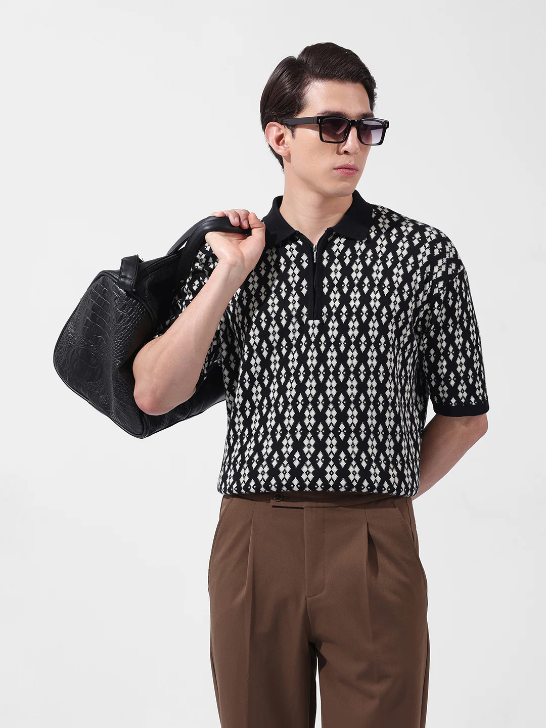 Men's Black Oversized Fit Printed Flat Knit T-Shirt - Image 2