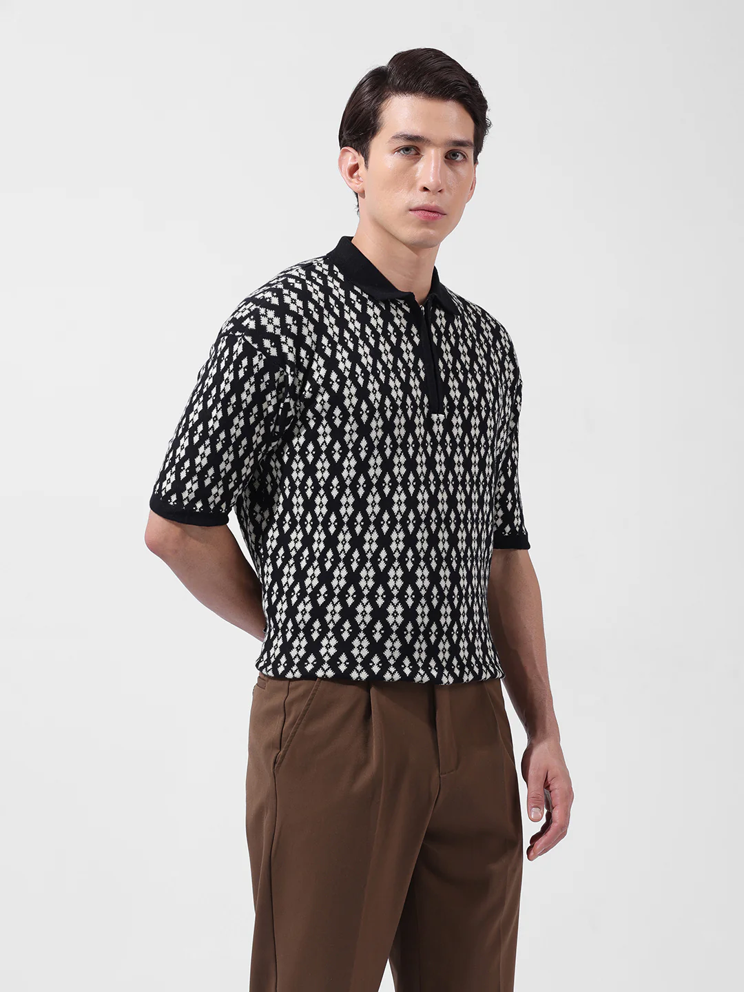 Men's Black Oversized Fit Printed Flat Knit T-Shirt - Image 3