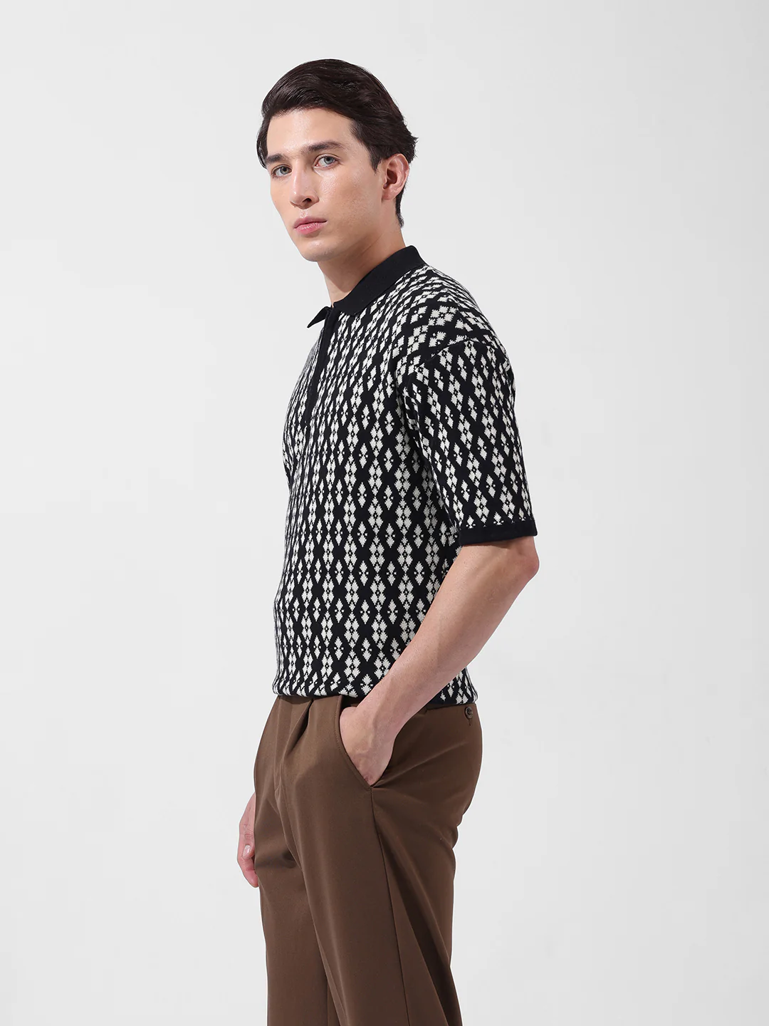 Men's Black Oversized Fit Printed Flat Knit T-Shirt - Image 4