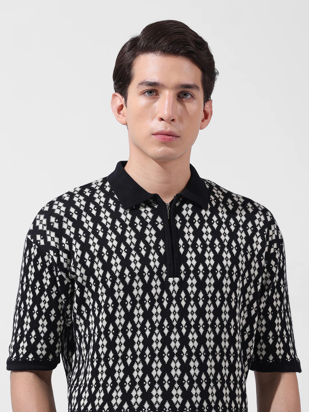 Men's Black Oversized Fit Printed Flat Knit T-Shirt - Image 5