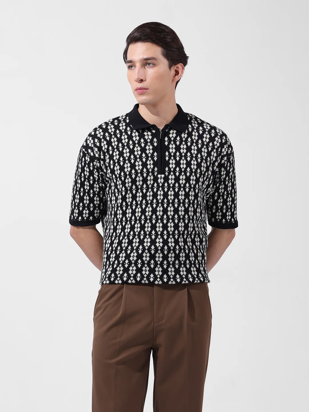 Men's Black Oversized Fit Printed Flat Knit T-Shirt - Image 7