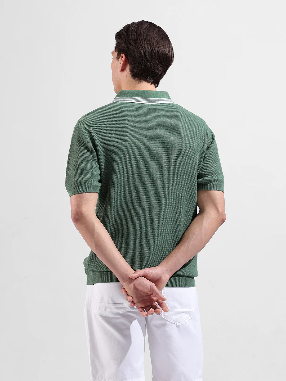 Men's Olive Slim Fit Solid Flat Knit T-Shirt - Image 7