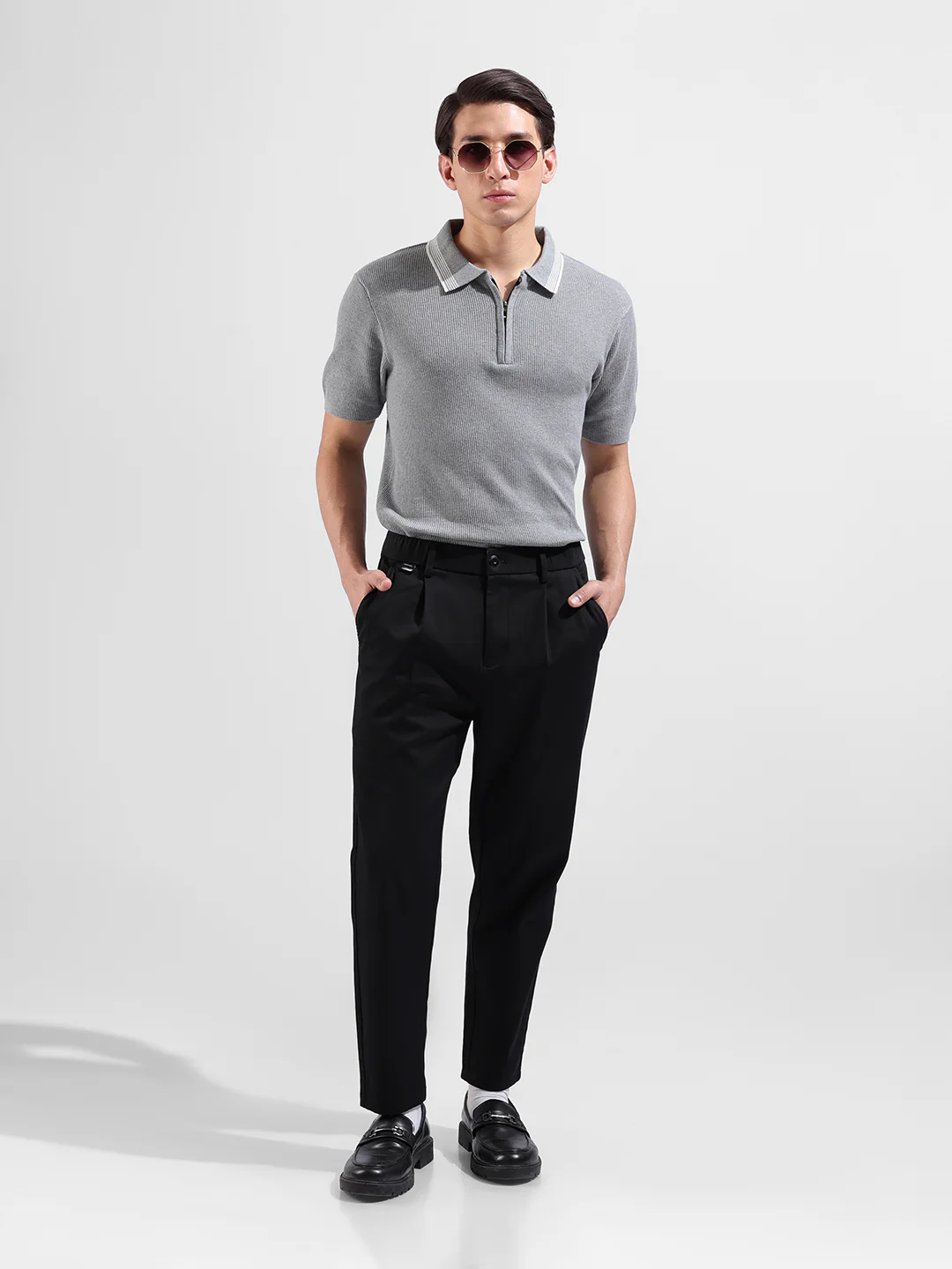 Men's Grey Slim Fit Solid Flat Knit T-Shirt - Image 6