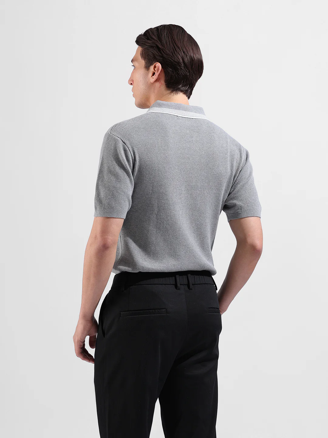 Men's Grey Slim Fit Solid Flat Knit T-Shirt - Image 7