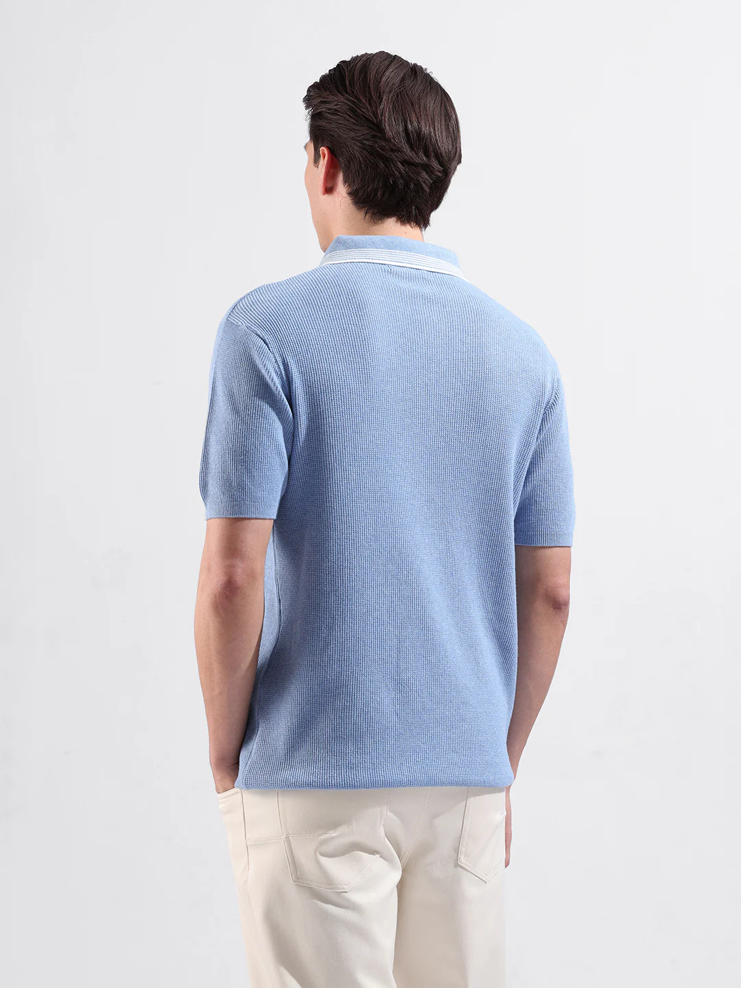 Men's Blue Slim Fit Solid Flat Knit T-Shirt - Image 6