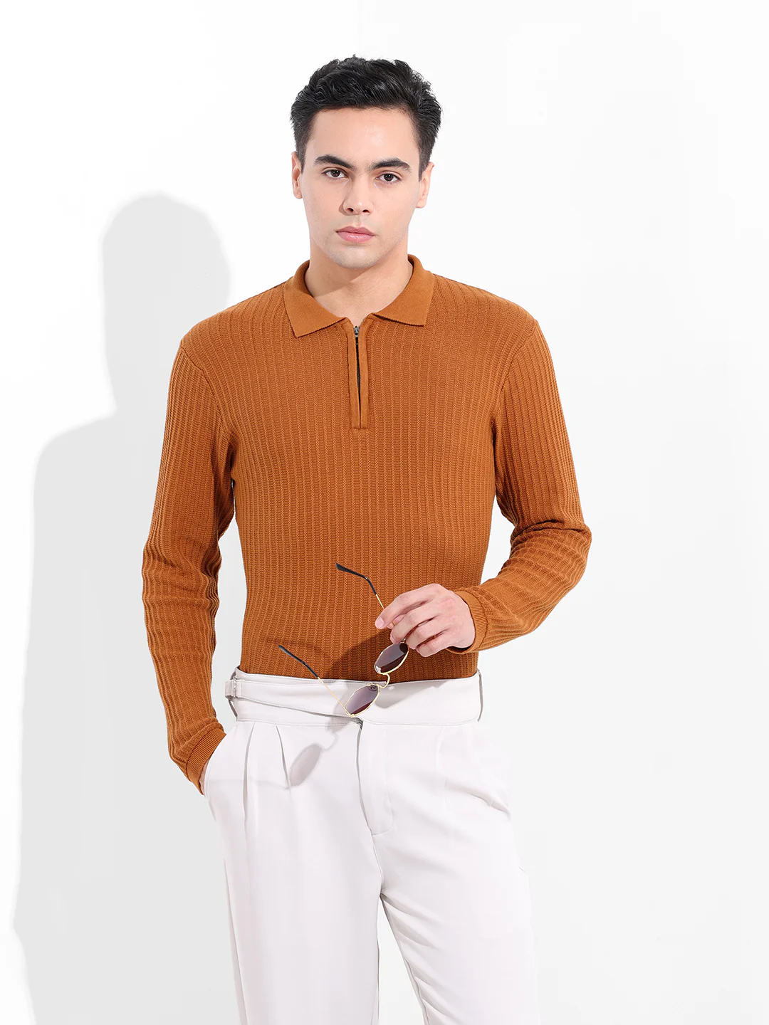 Men's Rust Slim Fit Striped Flat Knit T-Shirt - Image 2