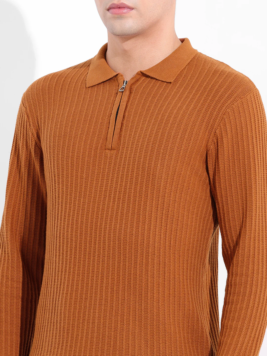 Men's Rust Slim Fit Striped Flat Knit T-Shirt - Image 3