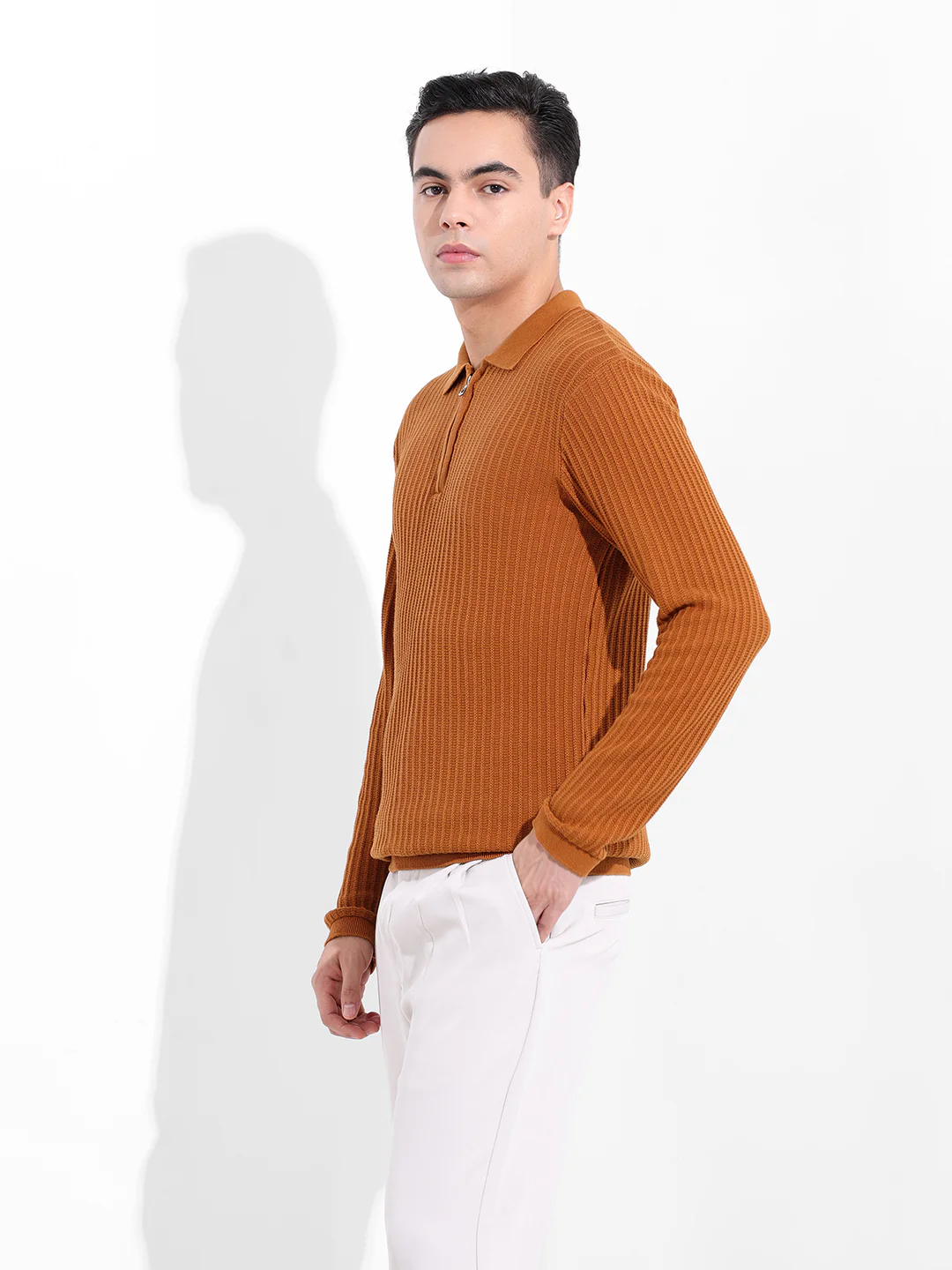 Men's Rust Slim Fit Striped Flat Knit T-Shirt - Image 4