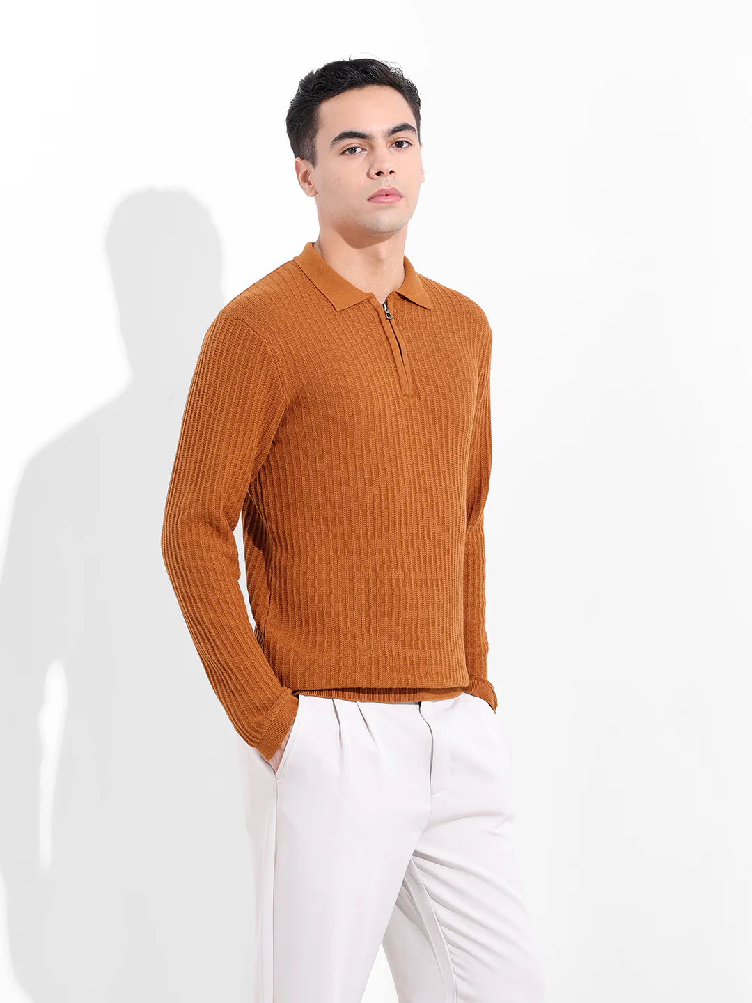 Men's Rust Slim Fit Striped Flat Knit T-Shirt - Image 5