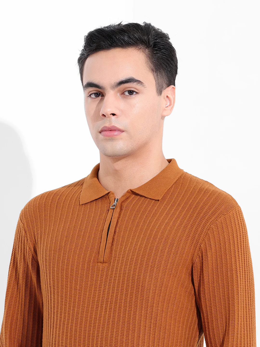 Men's Rust Slim Fit Striped Flat Knit T-Shirt - Image 7