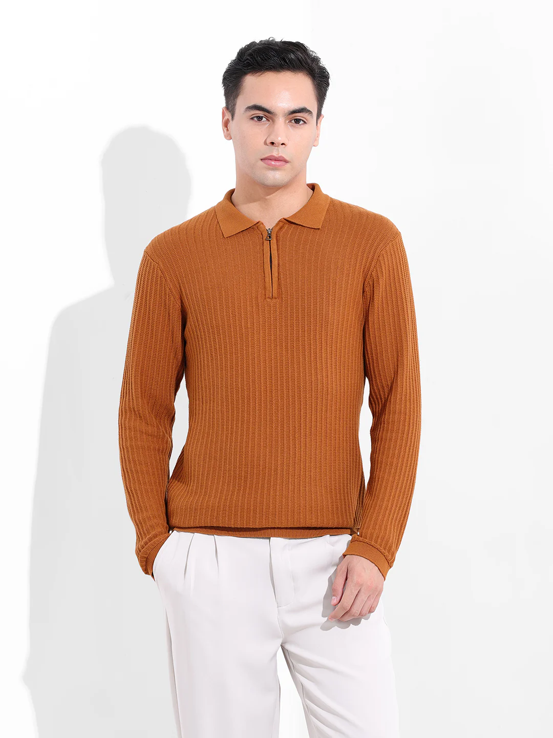 Men's Rust Slim Fit Striped Flat Knit T-Shirt - Image 8