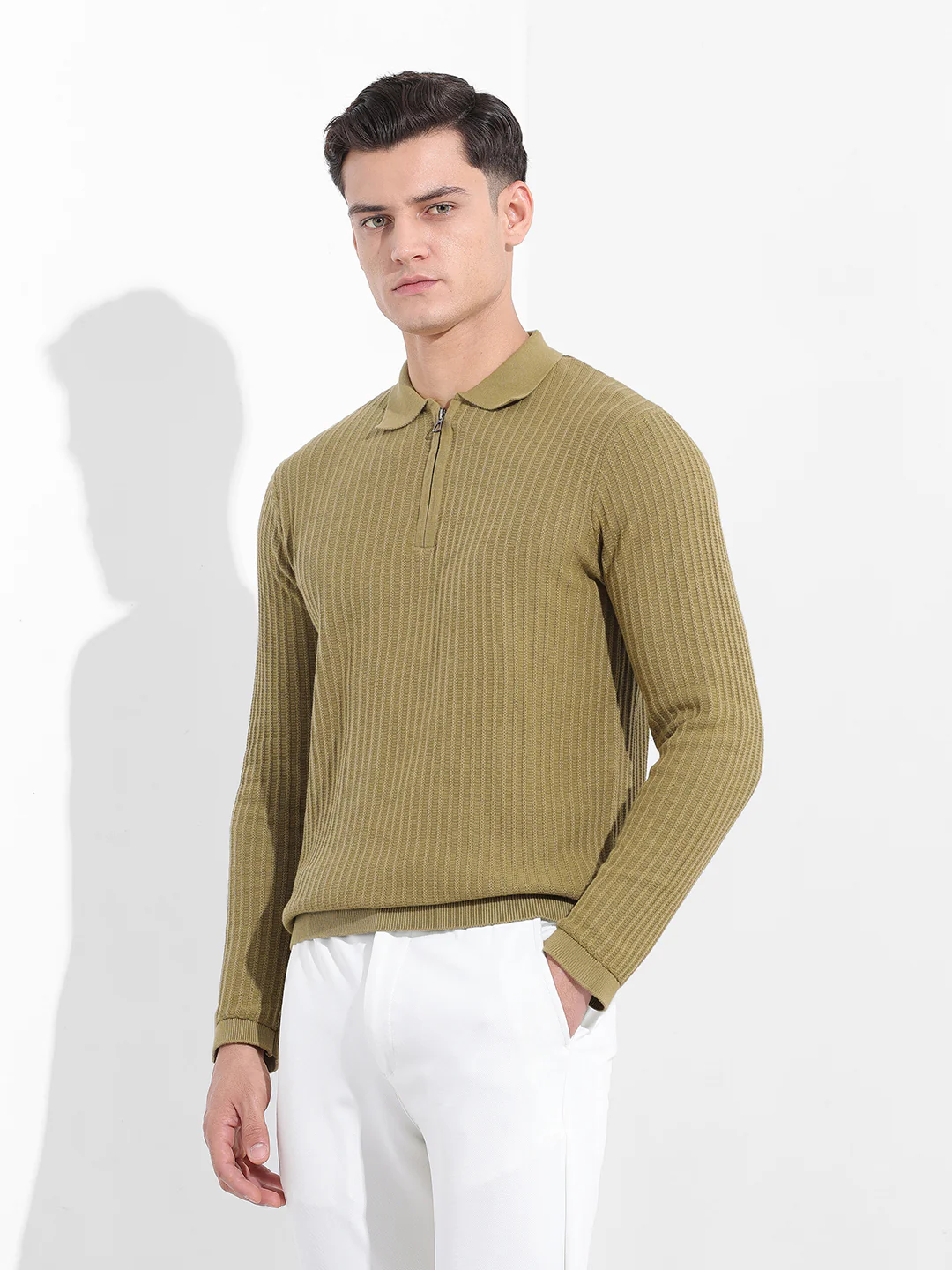 Men's Green Slim Fit Striped Flat Knit T-Shirt - Image 2