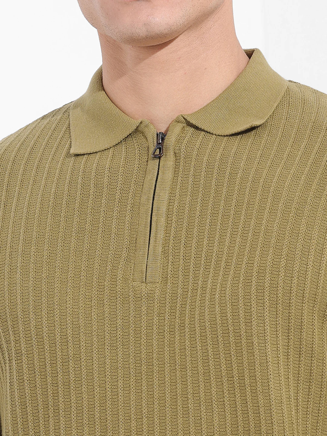Men's Green Slim Fit Striped Flat Knit T-Shirt - Image 3