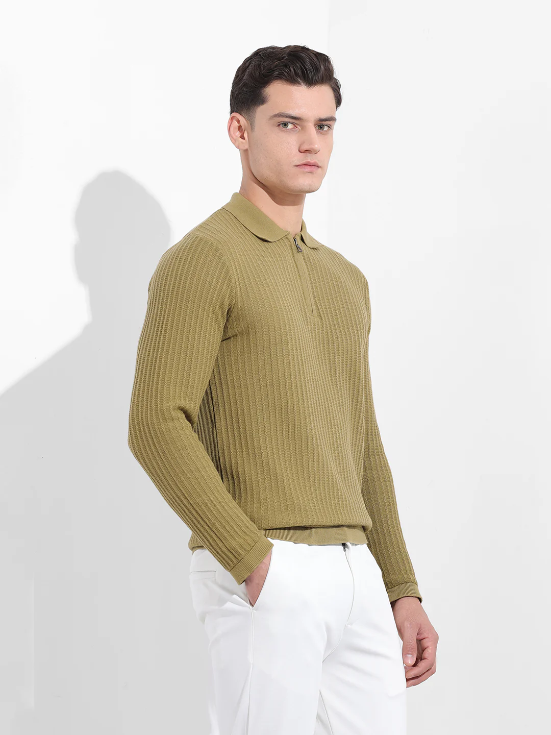 Men's Green Slim Fit Striped Flat Knit T-Shirt - Image 4