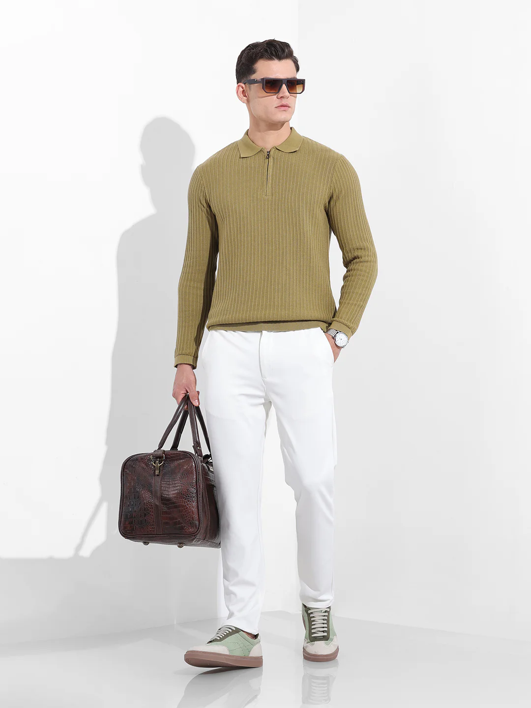 Men's Green Slim Fit Striped Flat Knit T-Shirt - Image 8