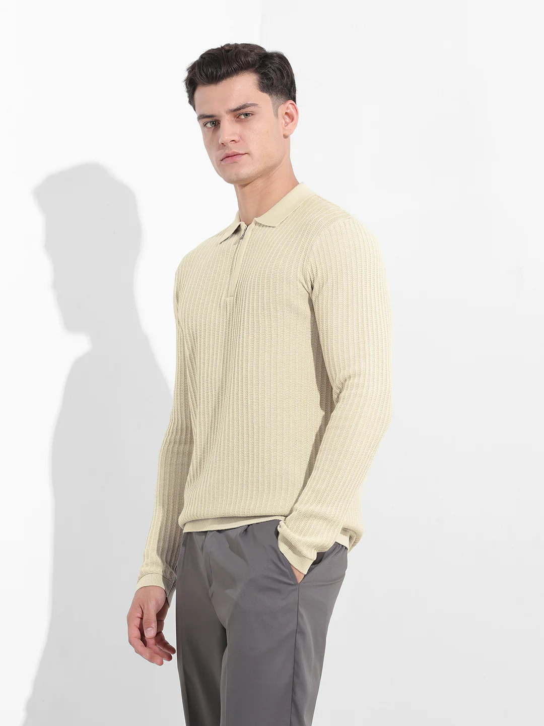 Men's Cream Slim Fit Striped Flat Knit T-Shirt - Image 2