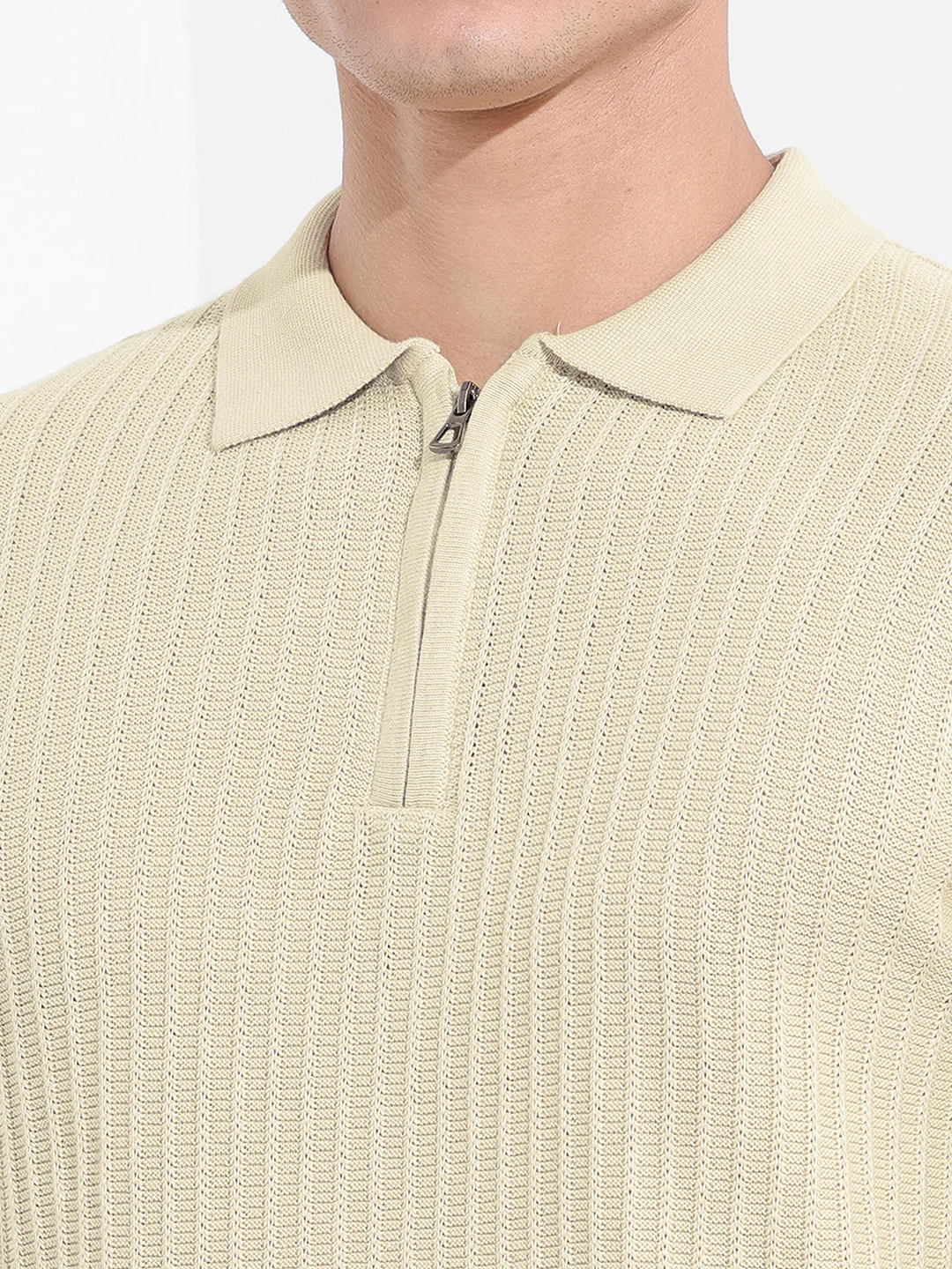 Men's Cream Slim Fit Striped Flat Knit T-Shirt - Image 3