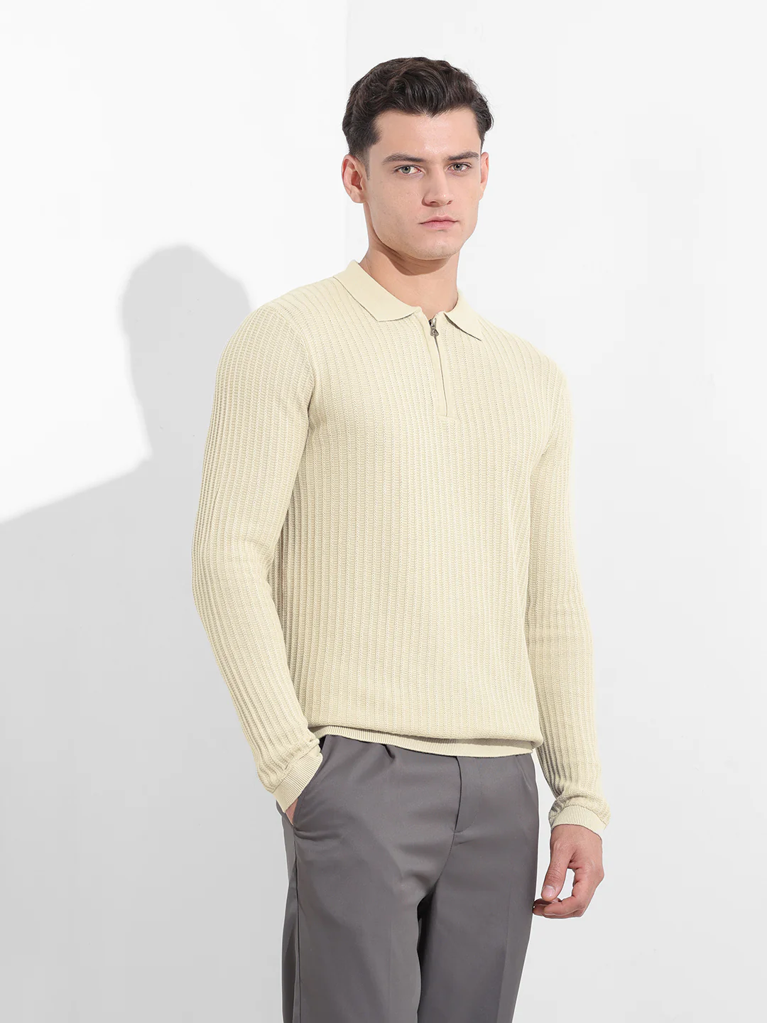 Men's Cream Slim Fit Striped Flat Knit T-Shirt - Image 4