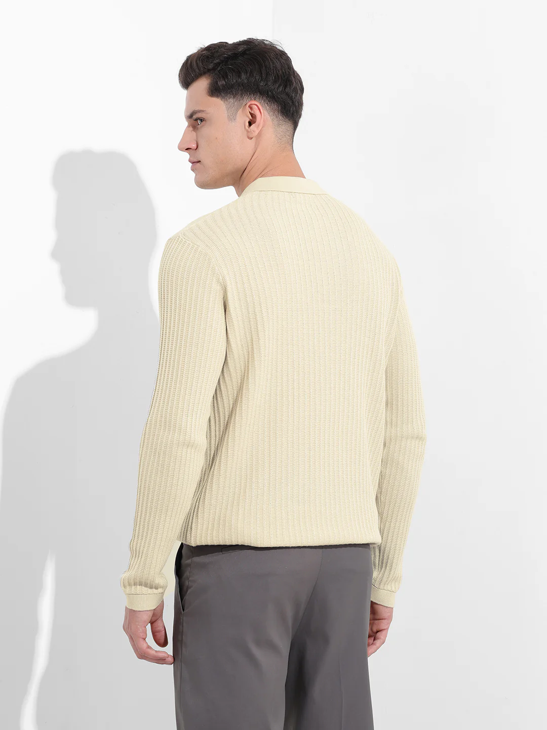 Men's Cream Slim Fit Striped Flat Knit T-Shirt - Image 5