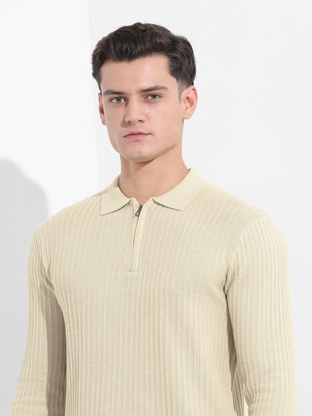 Men's Cream Slim Fit Striped Flat Knit T-Shirt - Image 6