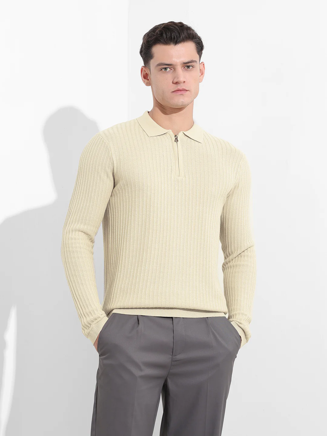 Men's Cream Slim Fit Striped Flat Knit T-Shirt - Image 7