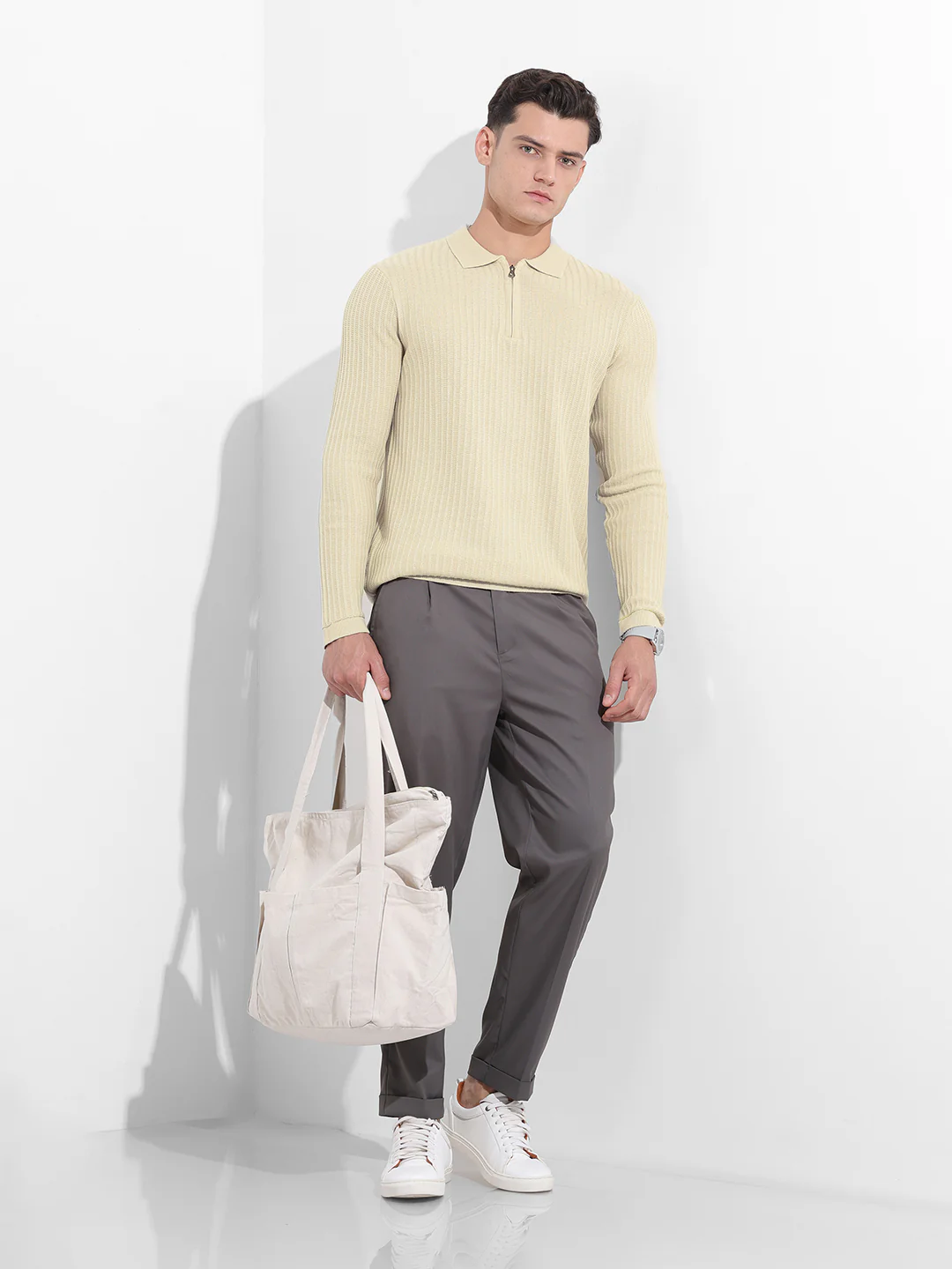 Men's Cream Slim Fit Striped Flat Knit T-Shirt - Image 8